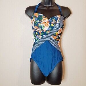 Ellen Tracy light blue floral criss-cross Halter/ strapless one piece swimsuit